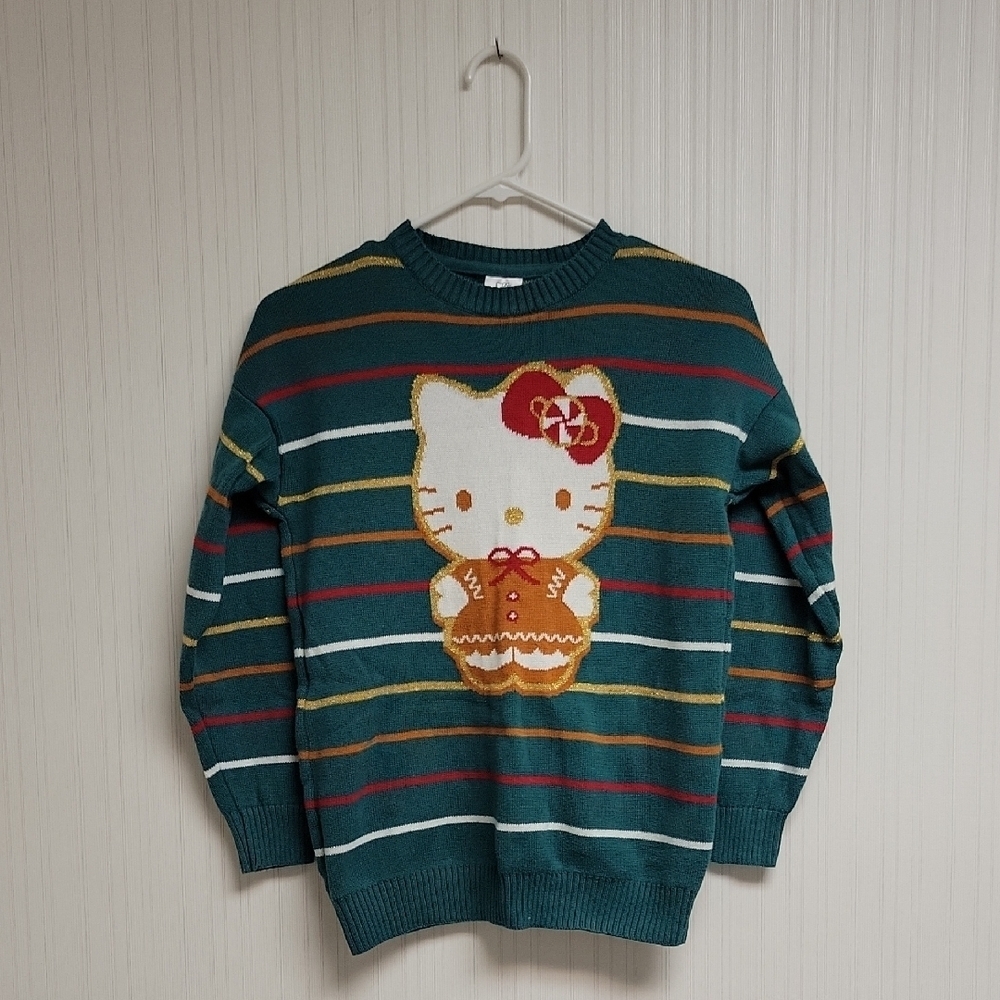 Hello Kitty By Sanrio, Girls Teal Striped Crewneck Sweater, Sz Large